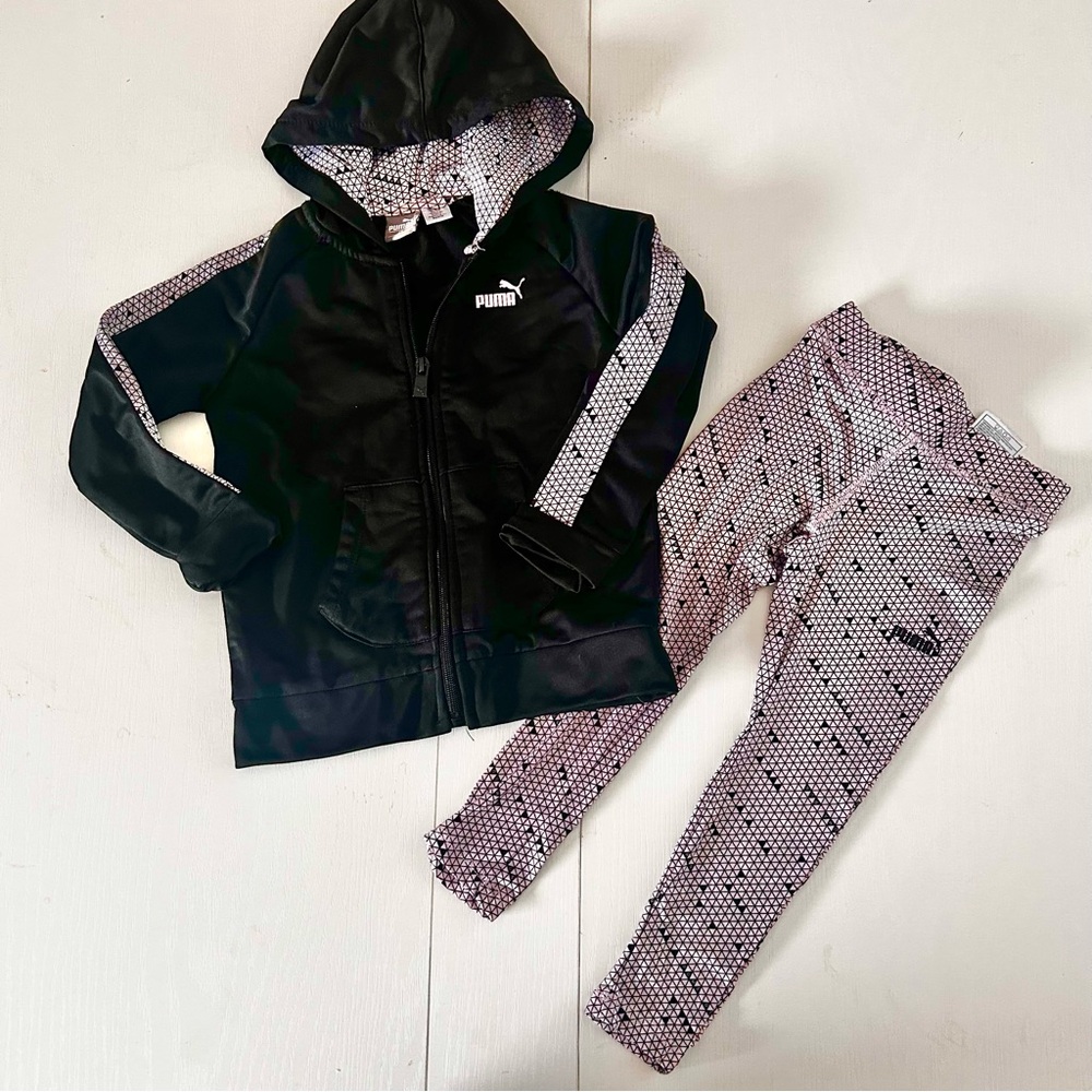 Puma girls geometric Black and pink Jacket and legging tracksuit set Sz 4T - Picture 2 of 4